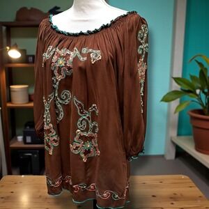 Urban Mangoz Brown Embroidered Sequin Boho Tunic Top Plus Size 2X Off Shoulder